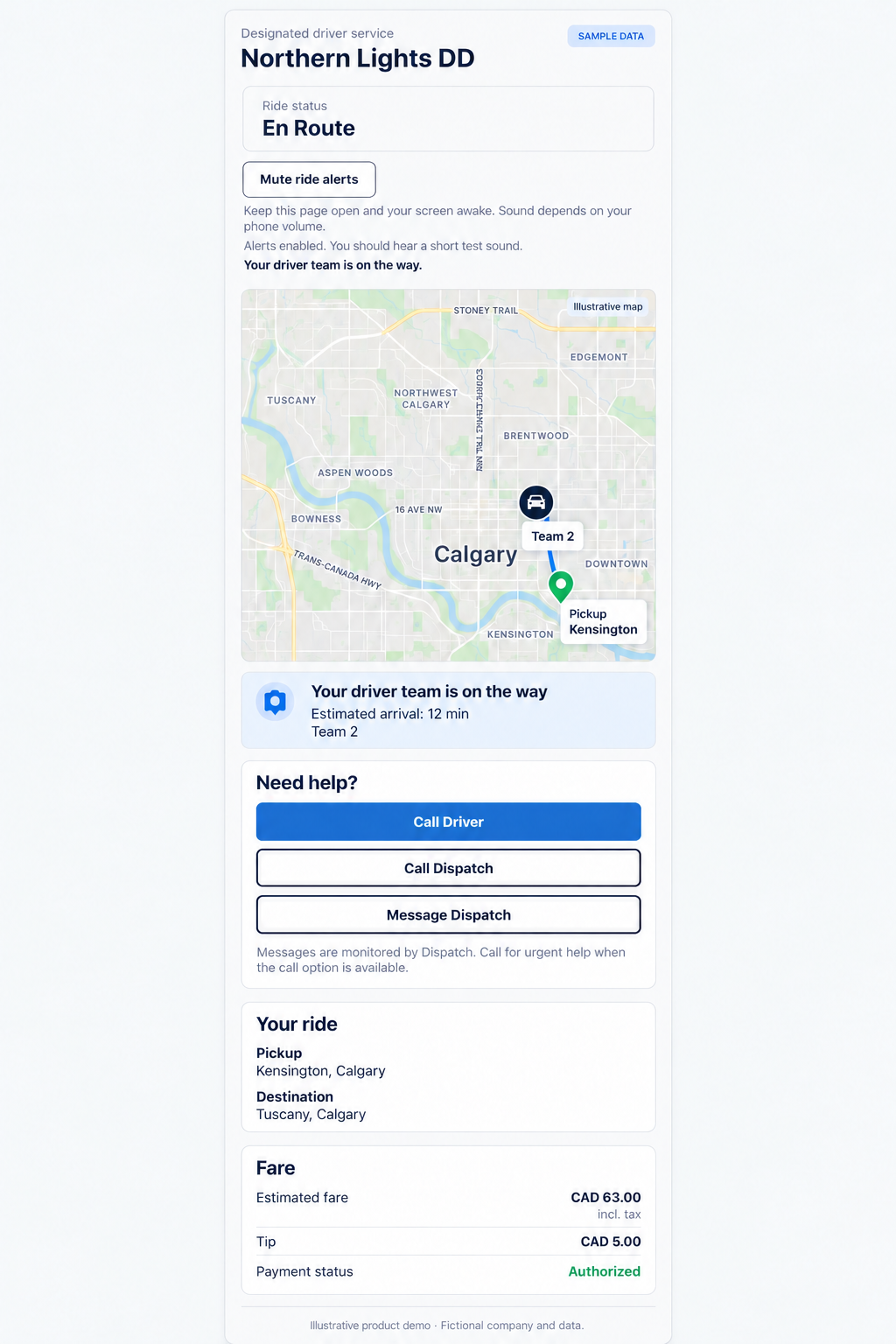 Generated mobile customer ride page branded Northern Lights DD, showing the acknowledged team approaching pickup, arrival estimate, contact options, fare and tip.
