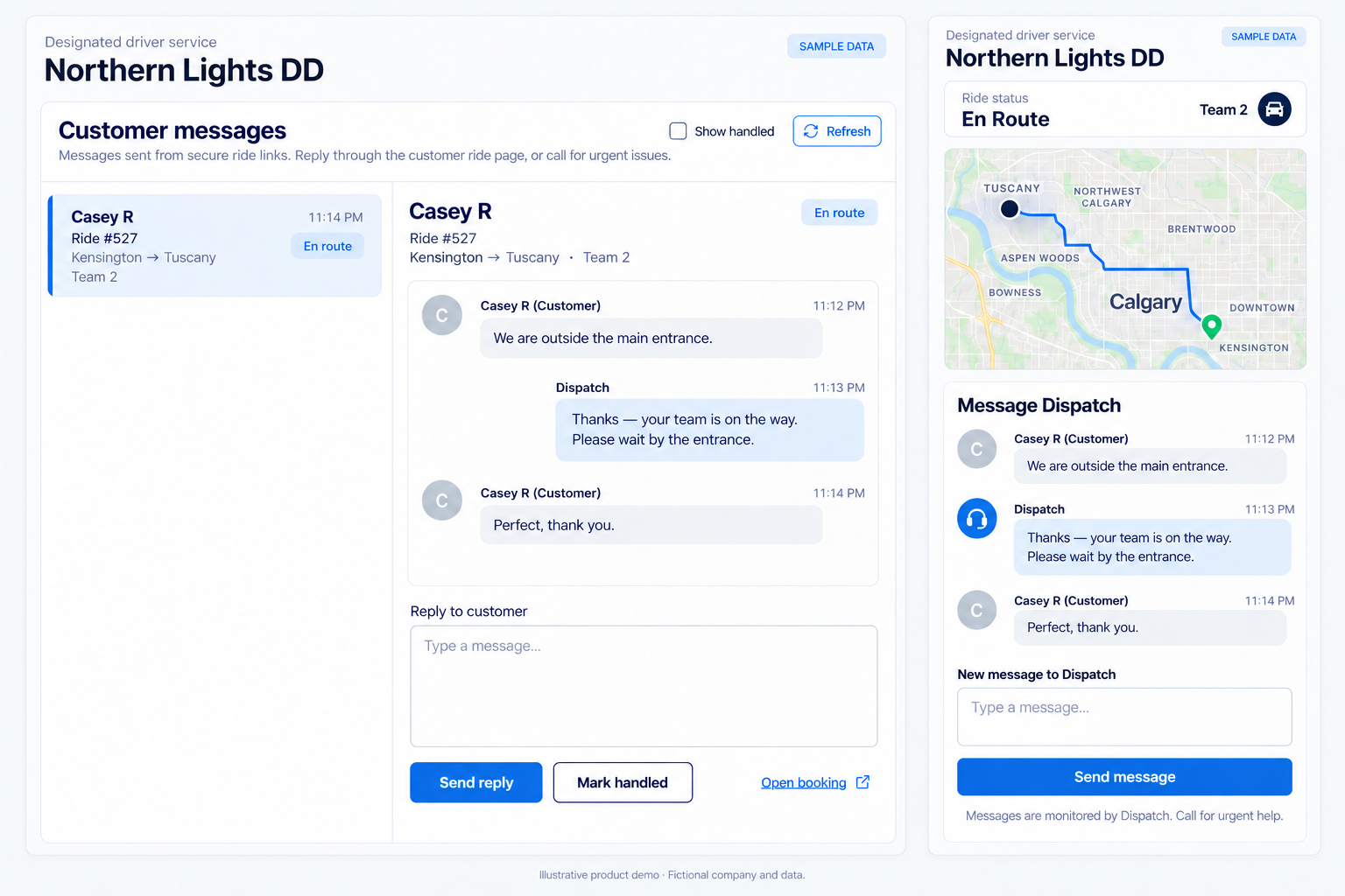 Generated customer-to-dispatch messaging example with the same conversation visible in the dispatch portal and secure customer link.