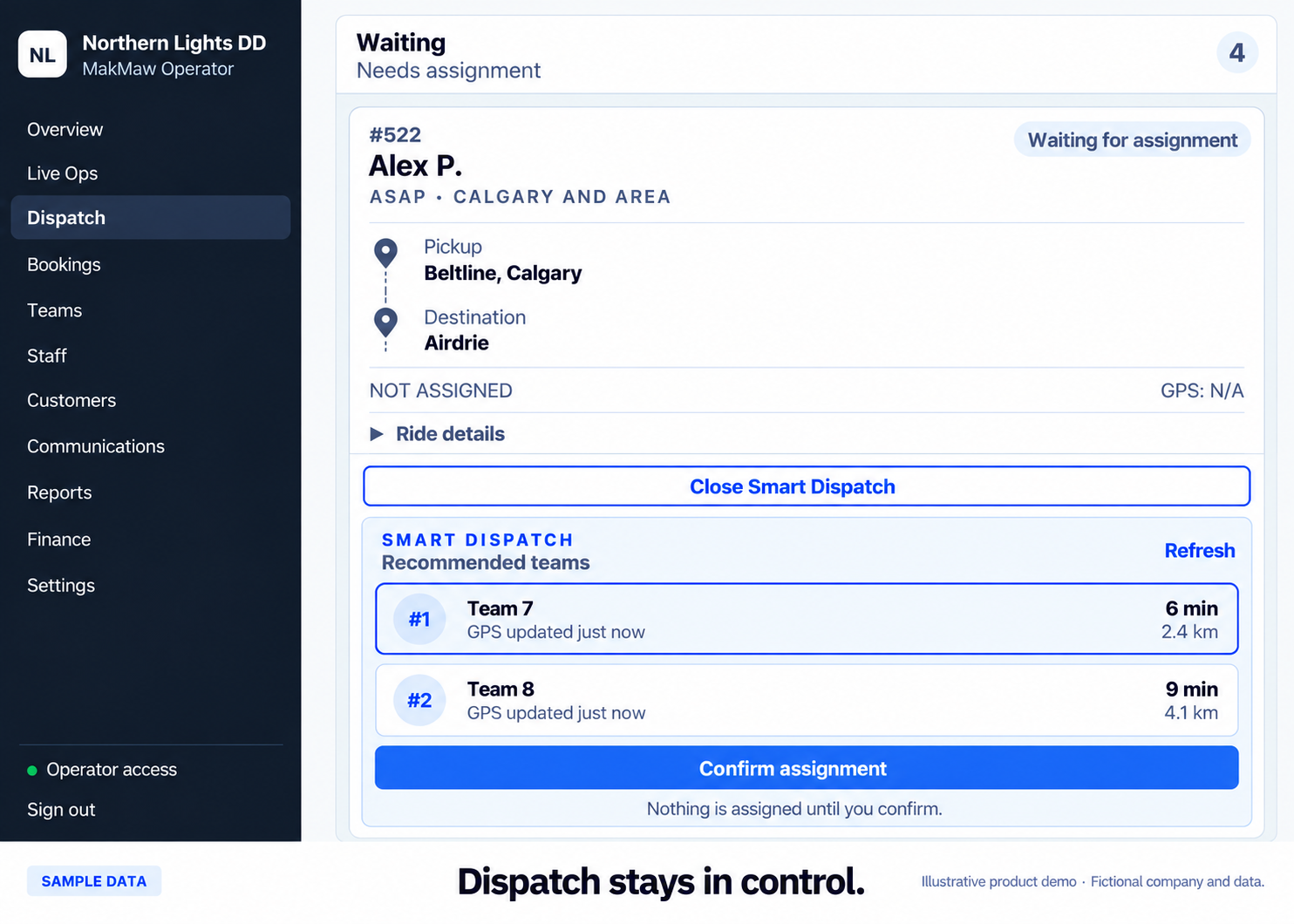 Generated Smart Dispatch example comparing available Team 7 and Team 8.